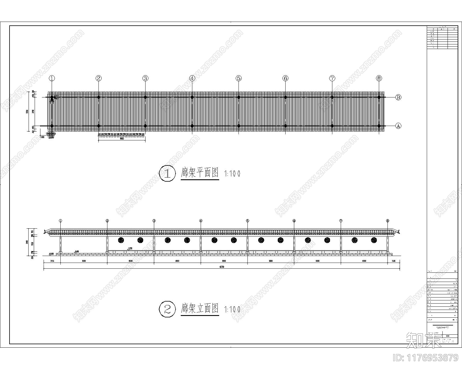 现代中式廊架cad施工图下载【ID:1176953879】