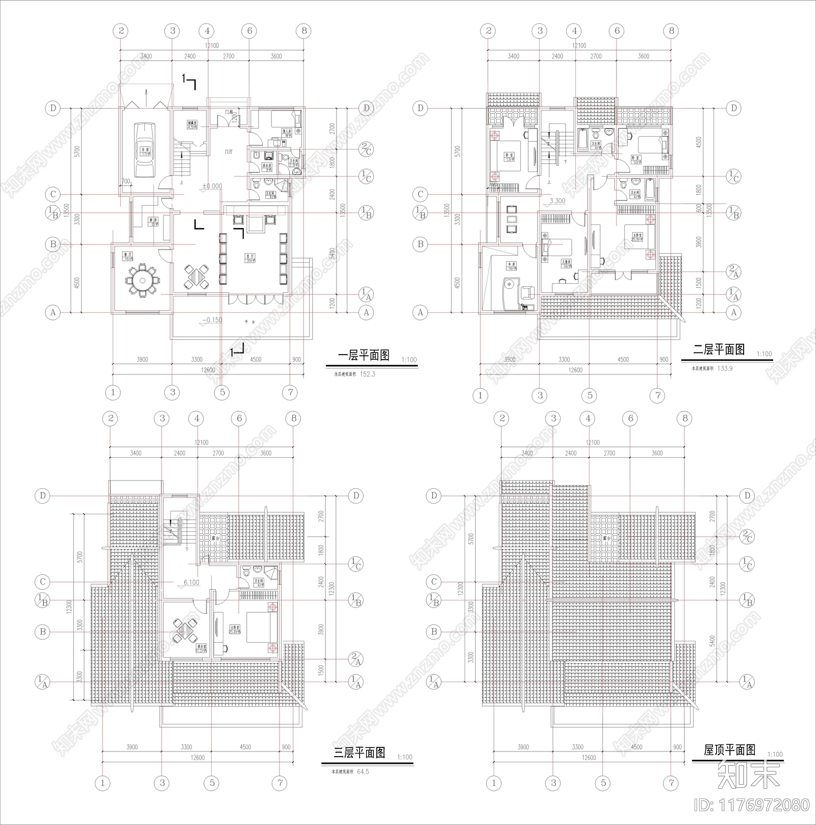 新中式别墅建筑cad施工图下载【ID:1176972080】