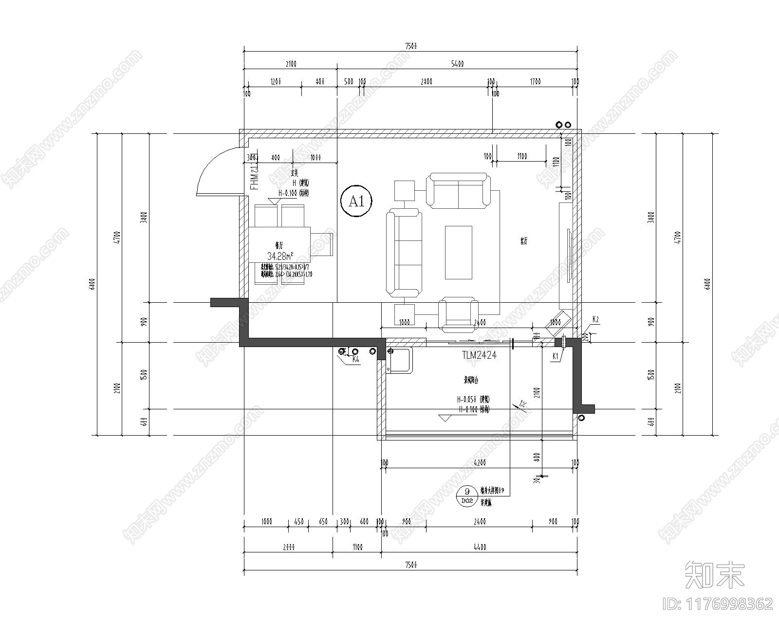 现代客厅施工图下载【ID:1176998362】