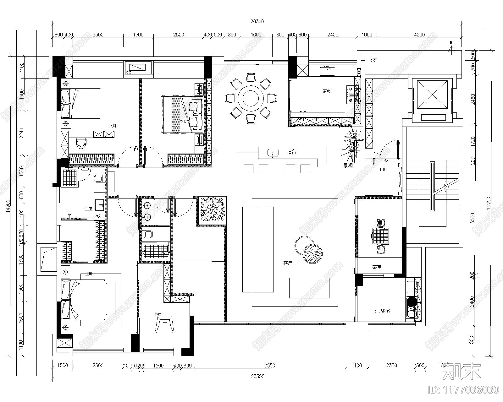 轻奢侘寂平层施工图下载【ID:1177036030】