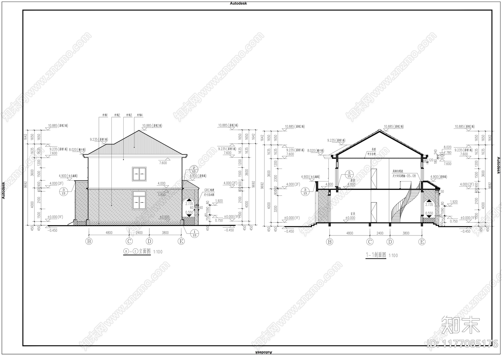 美式别墅建筑cad施工图下载【ID:1177085176】