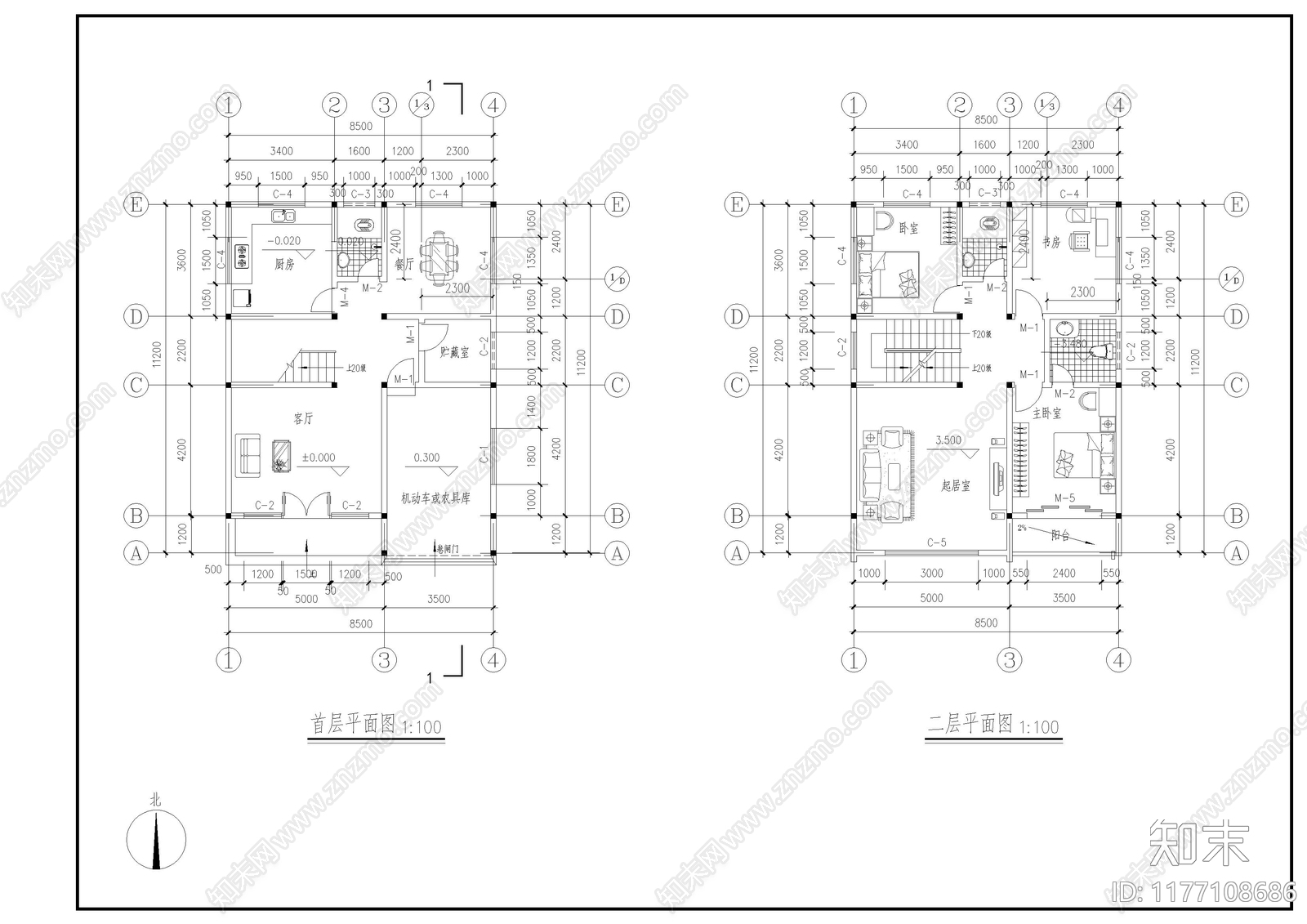 现代别墅建筑cad施工图下载【ID:1177108686】