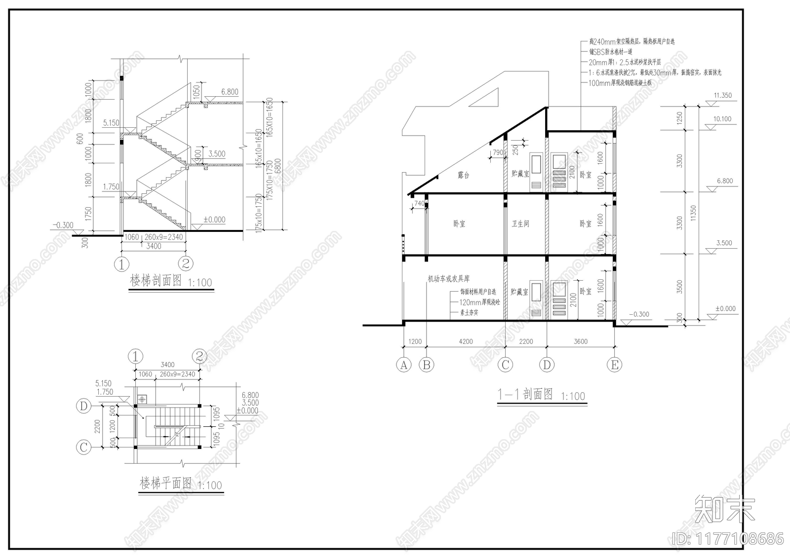 现代别墅建筑cad施工图下载【ID:1177108686】