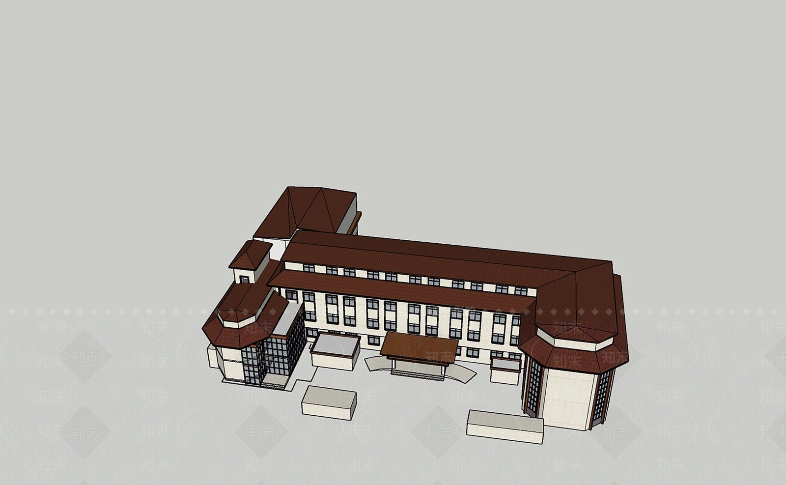 新中式医院建筑SU模型下载【ID:1177133132】