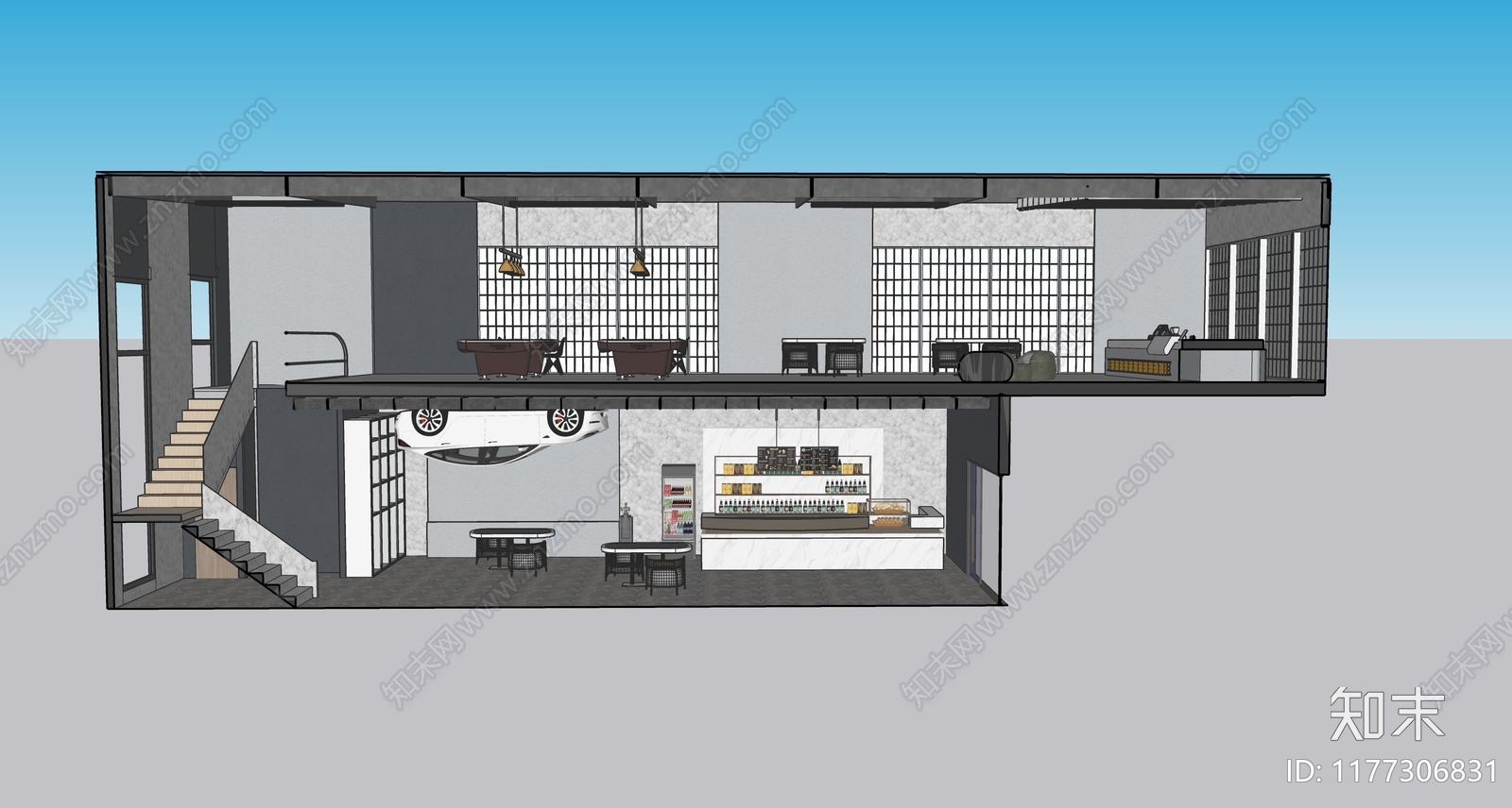 轻奢工业咖啡厅SU模型下载【ID:1177306831】