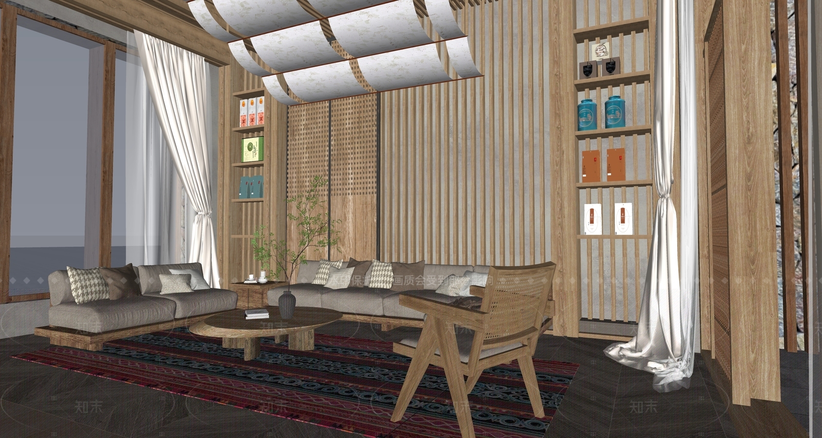 新中式侘寂酒店建筑SU模型下载【ID:1177368746】