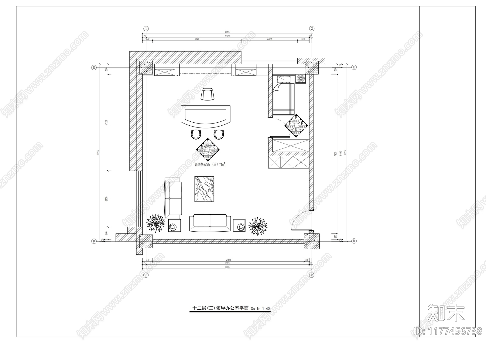 现代独立办公室cad施工图下载【ID:1177456738】