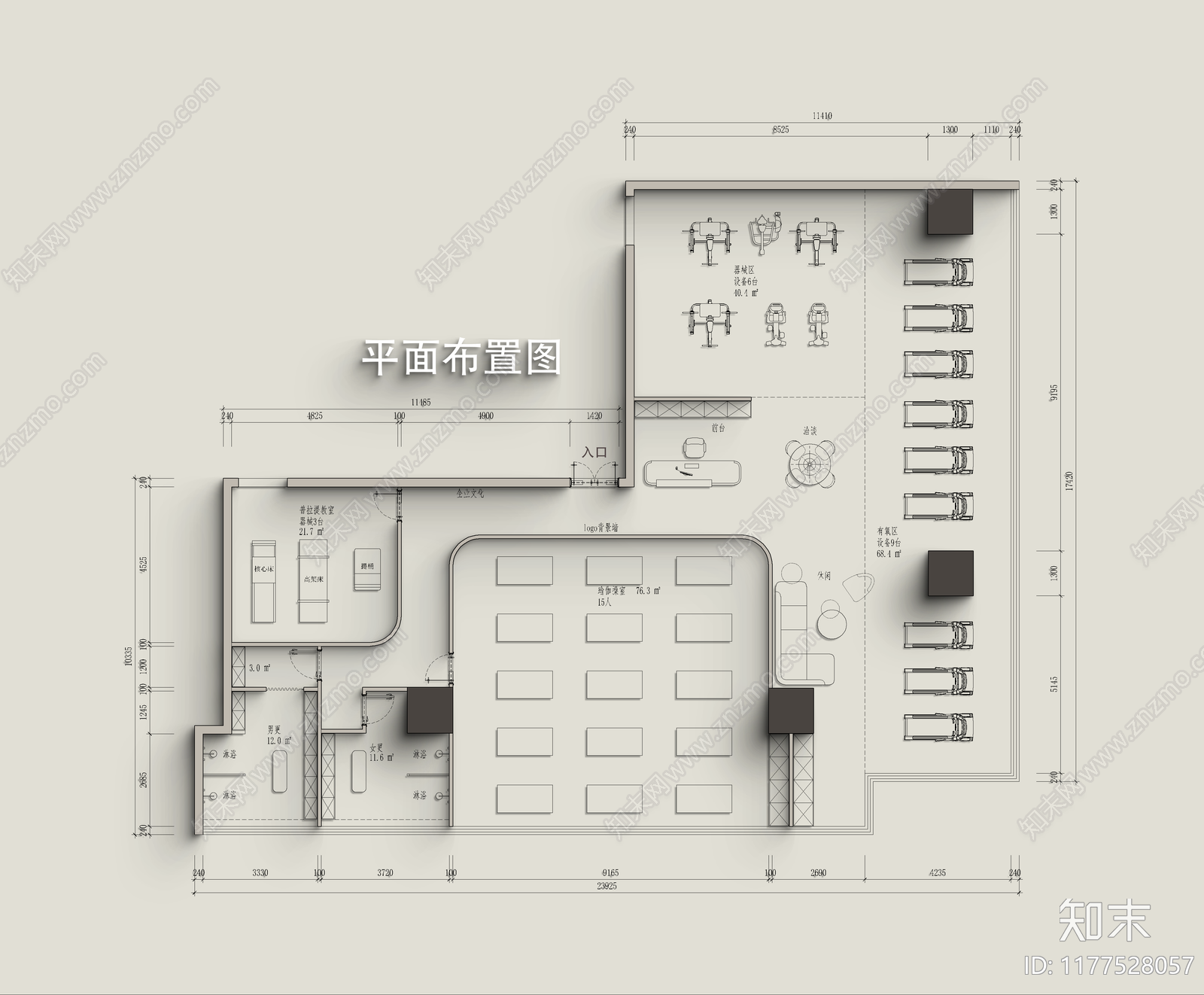 现代健身房cad施工图下载【ID:1177528057】