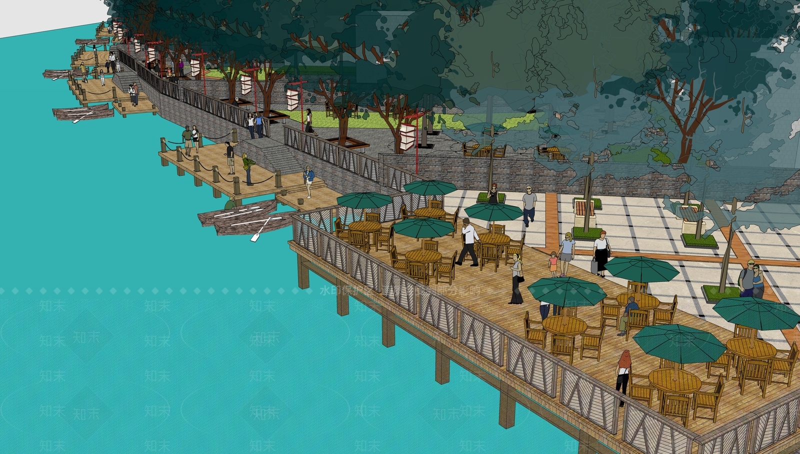 现代原木滨水景观SU模型下载【ID:1177634532】