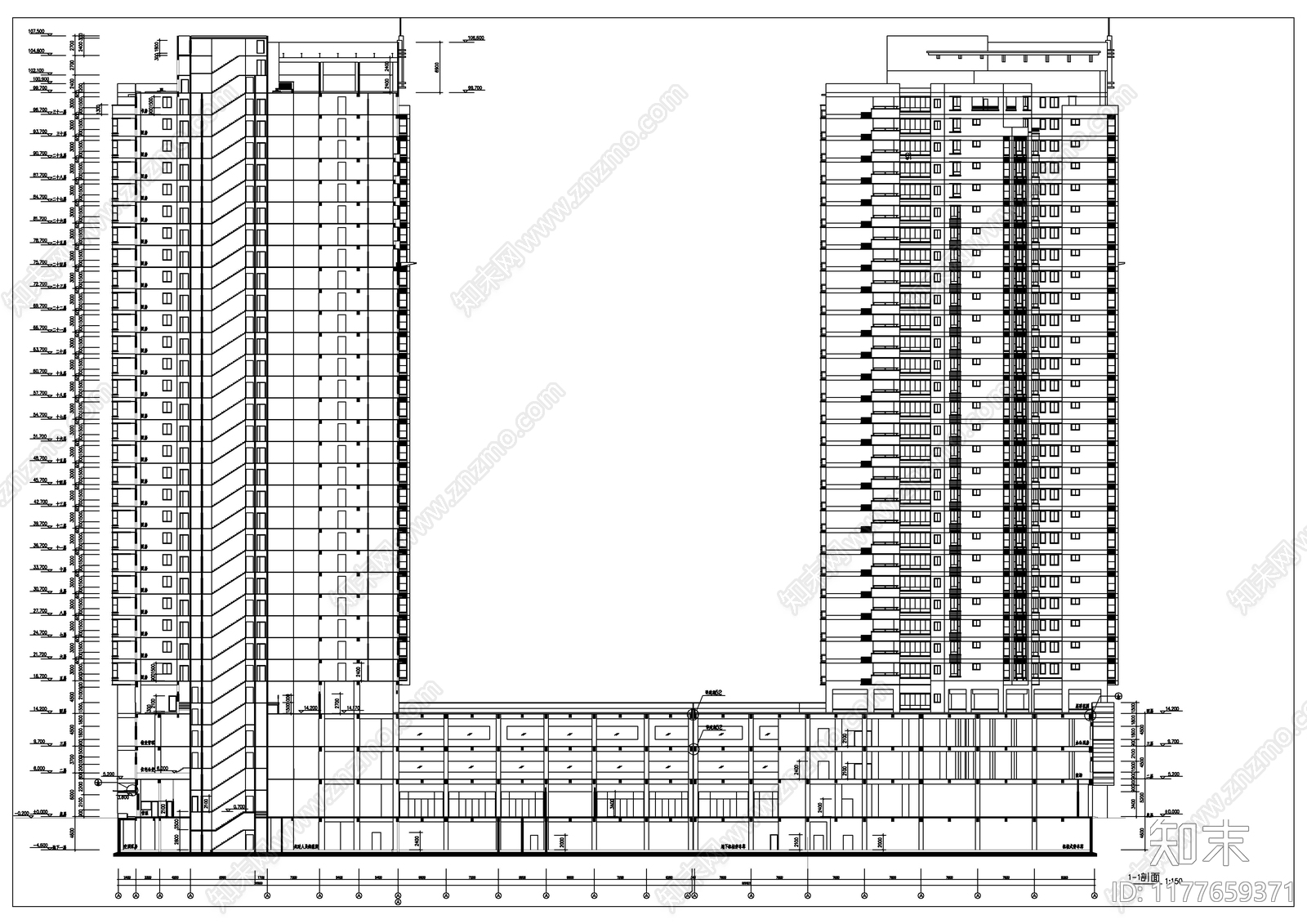 现代住宅楼建筑cad施工图下载【ID:1177659371】