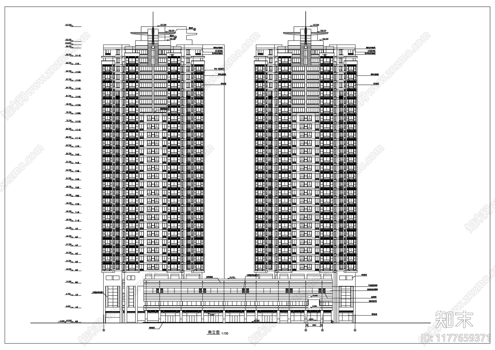 现代住宅楼建筑cad施工图下载【ID:1177659371】