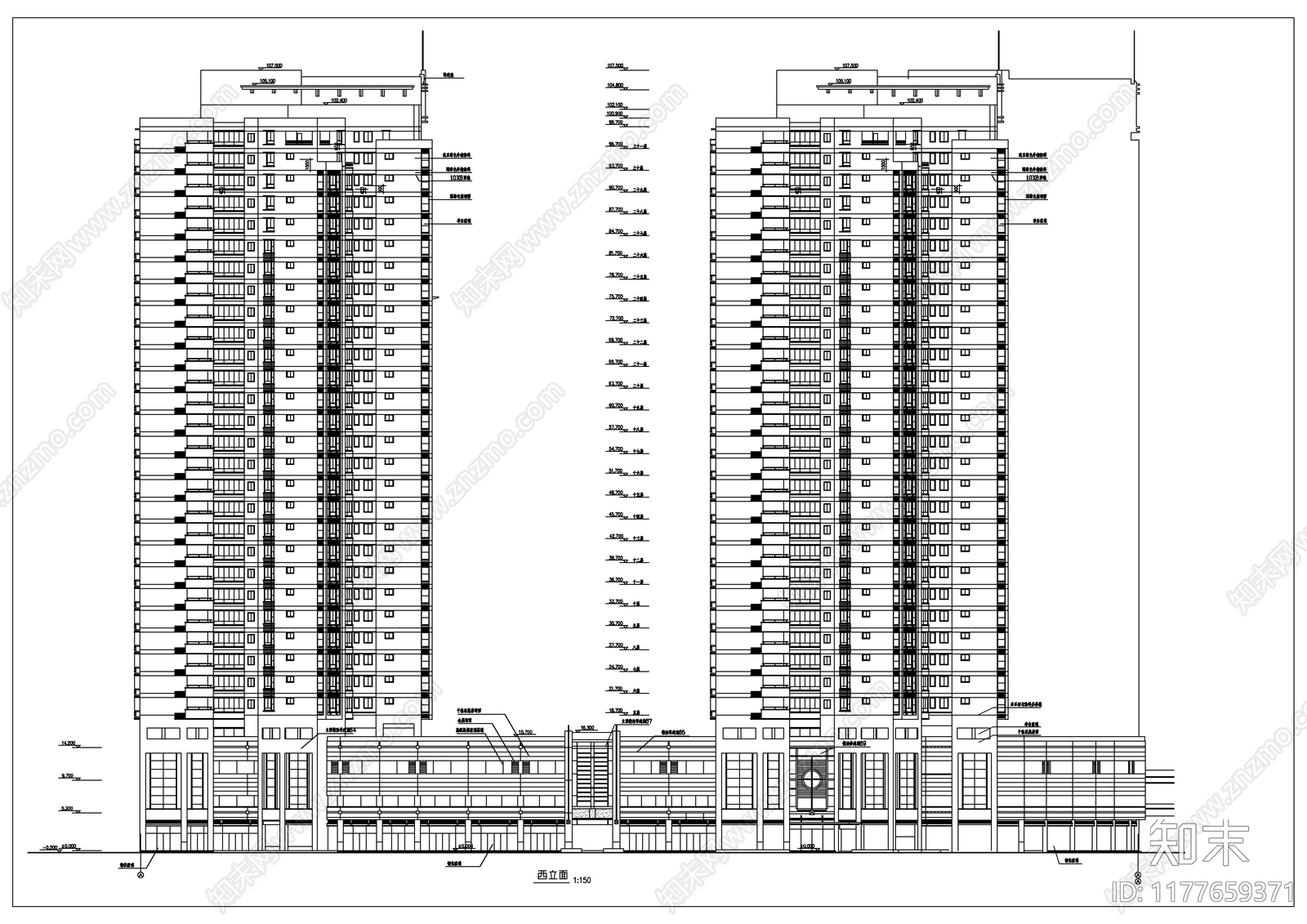 现代住宅楼建筑cad施工图下载【ID:1177659371】