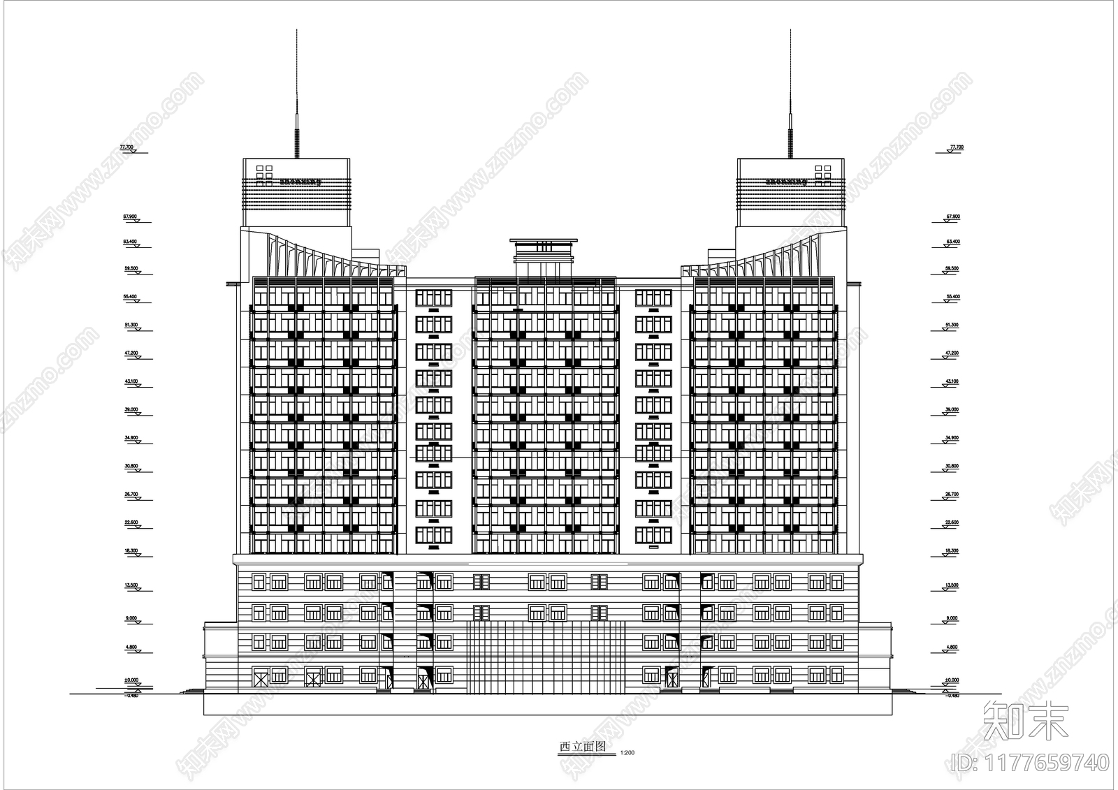 现代酒店建筑cad施工图下载【ID:1177659740】