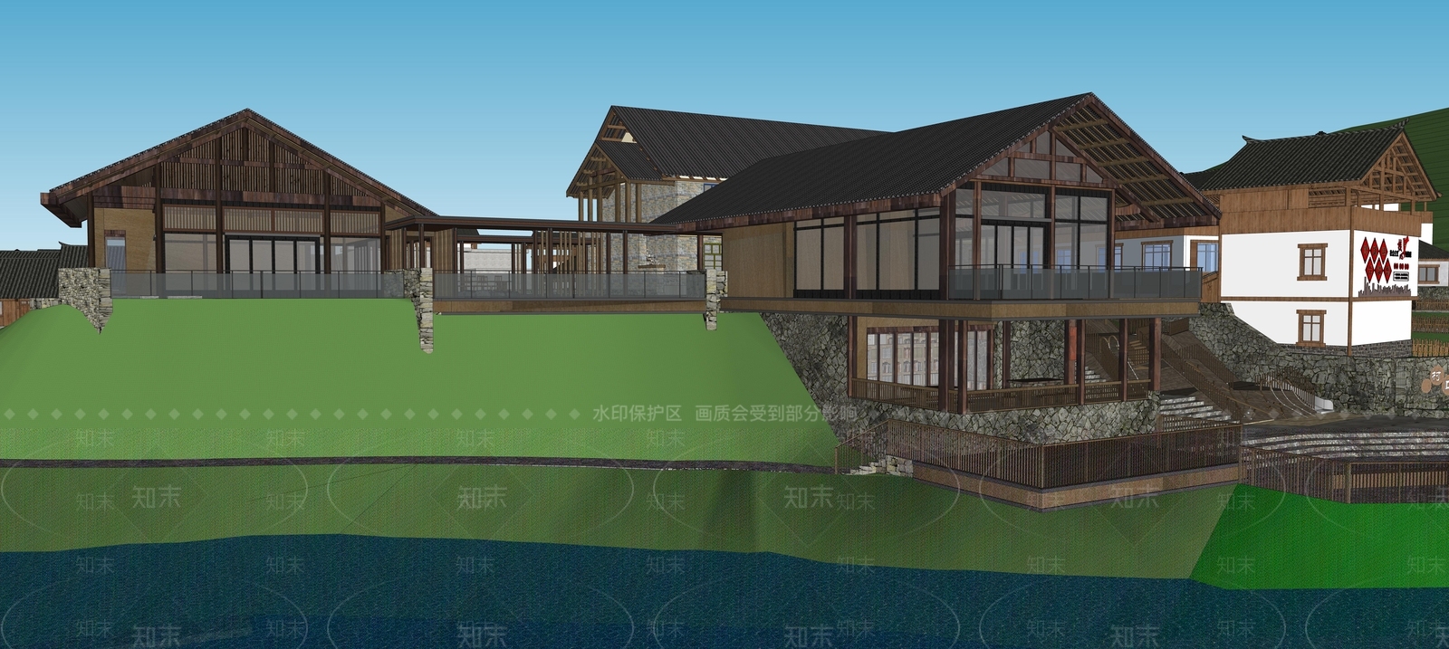 新中式中式风格建筑SU模型下载【ID:1177681197】