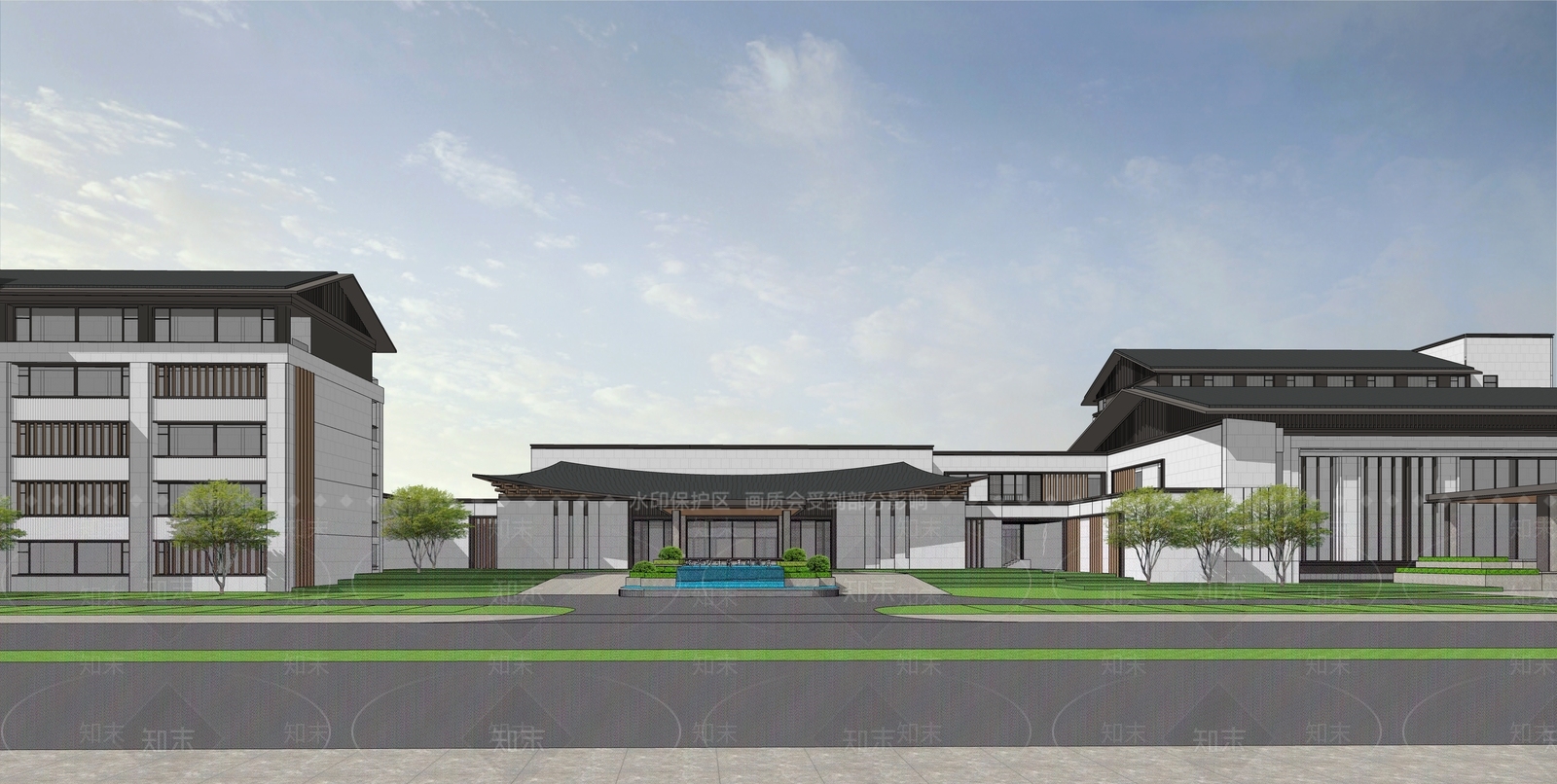 新中式中式酒店建筑SU模型下载【ID:1177714099】