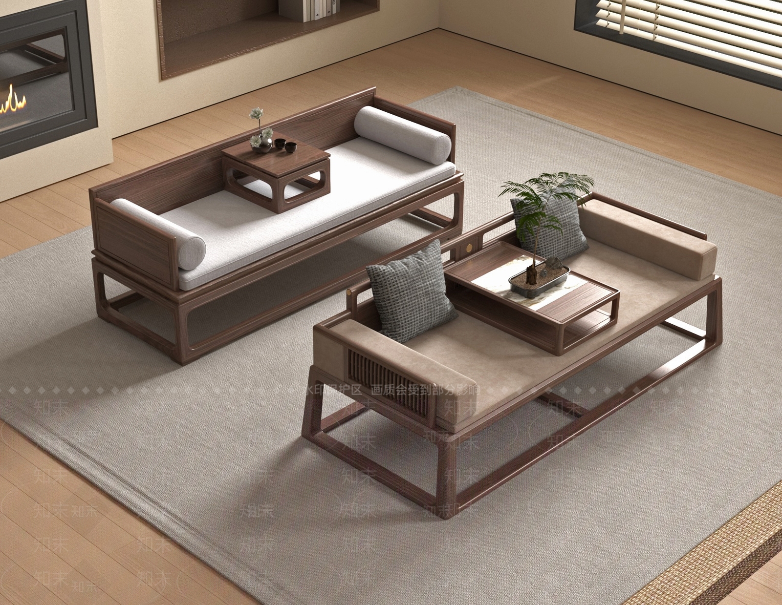 新中式罗汉床3D模型下载【ID:1177724234】