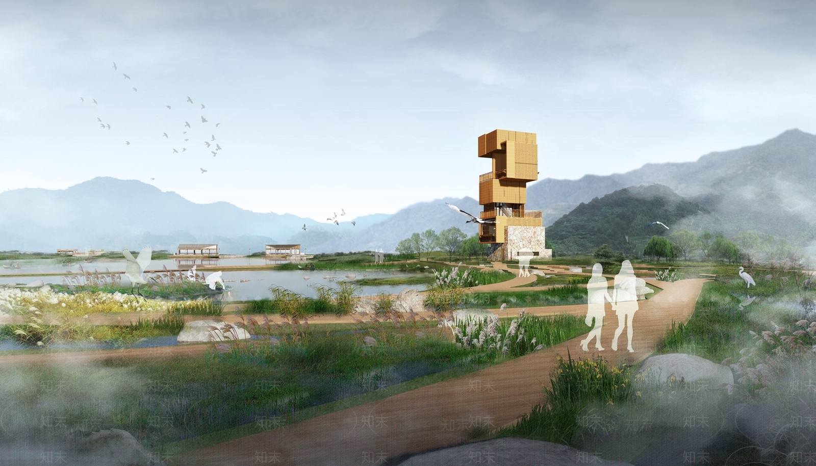 新中式现代滨水景观SU模型下载【ID:1177755443】