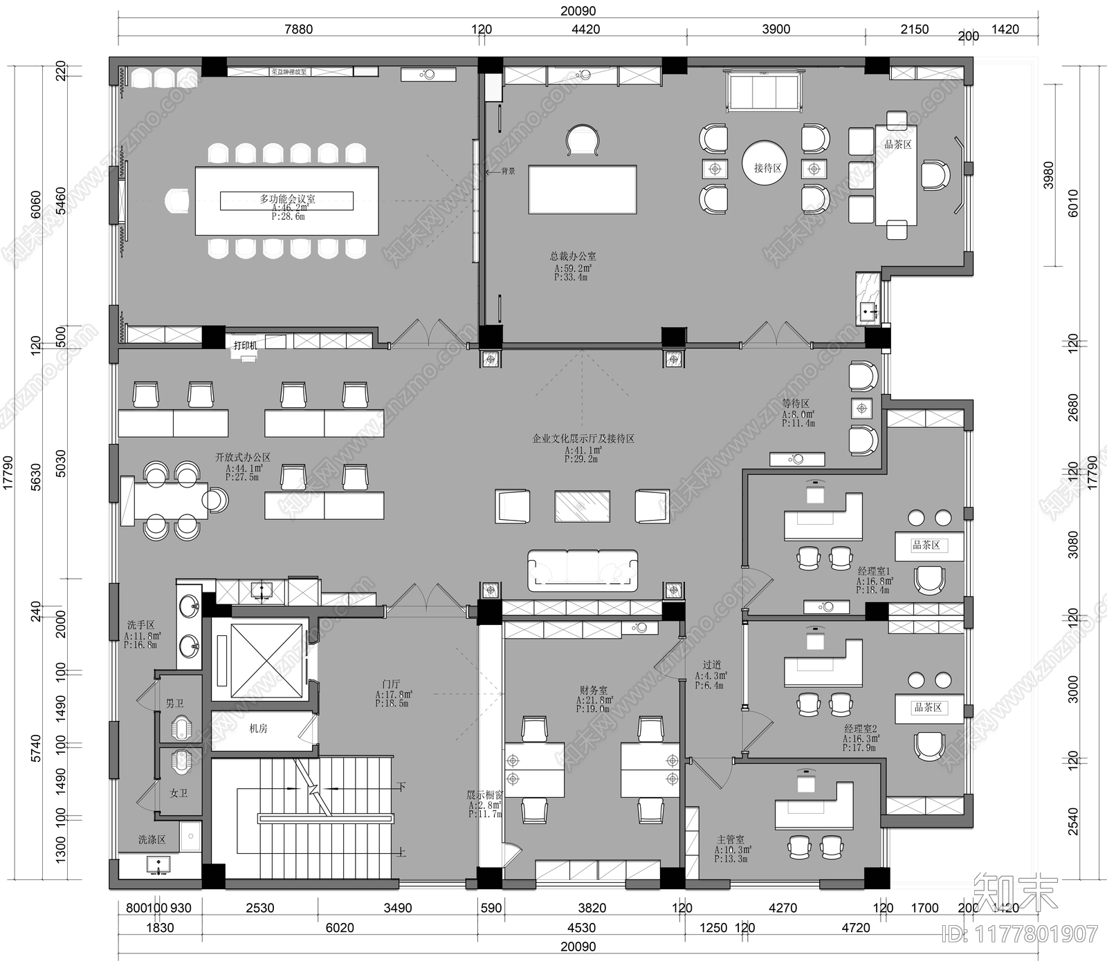 办公室平面图cad施工图下载【ID:1177801907】