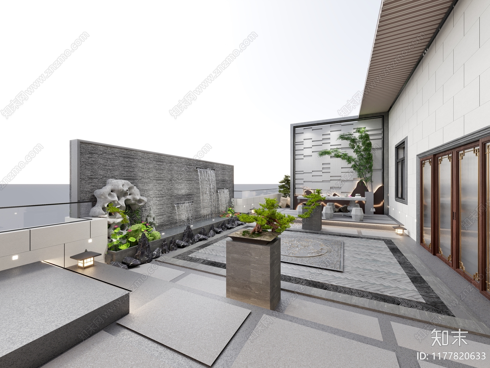 现代新中式屋顶花园3D模型下载【ID:1177820633】