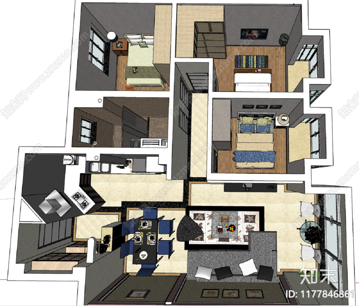 现代简约家装鸟瞰SU模型下载【ID:1177846861】