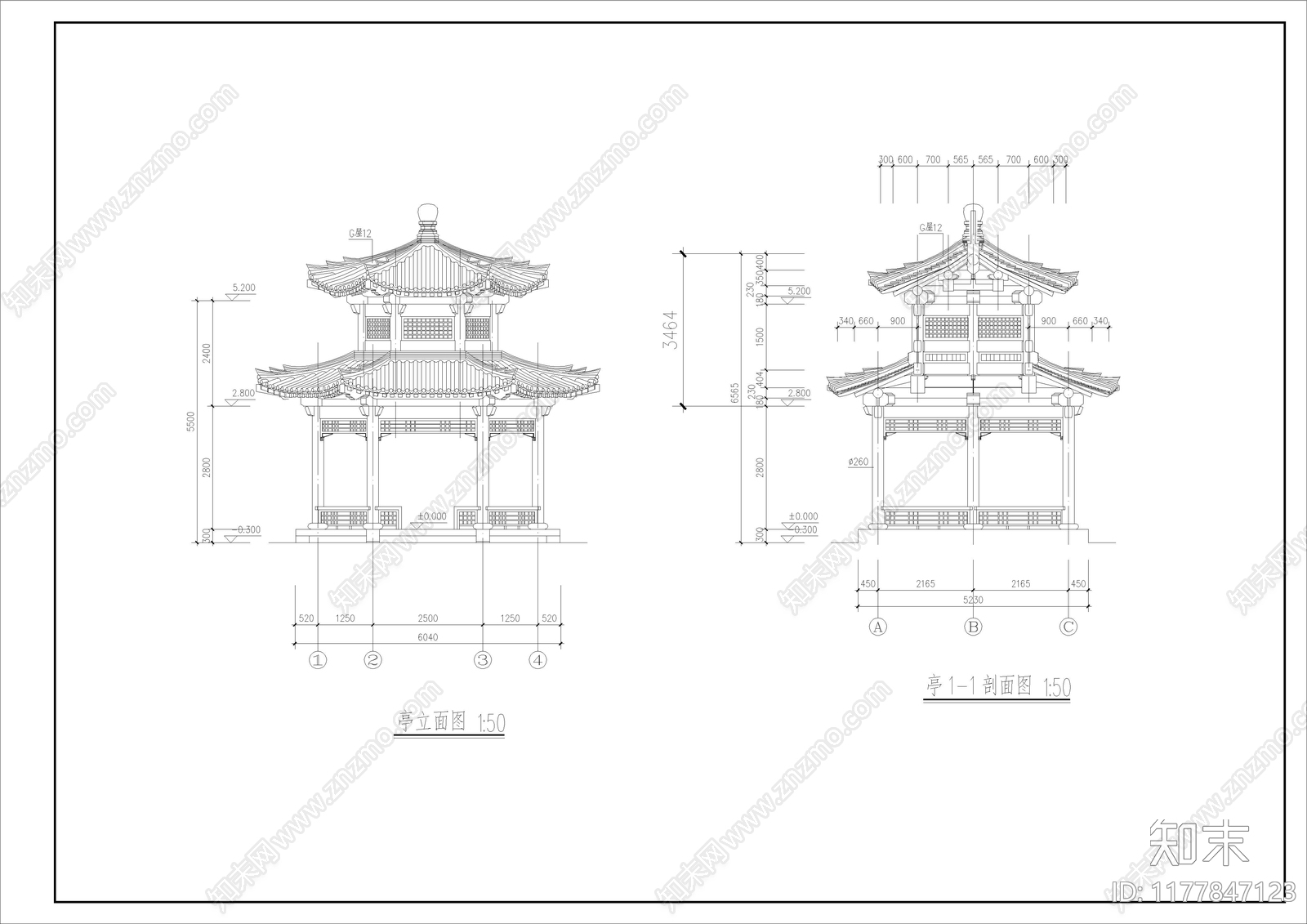 中式亭子cad施工图下载【ID:1177847123】