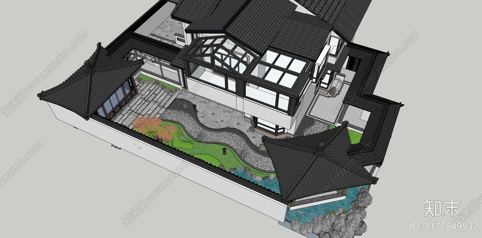 中式新中式别墅庭院SU模型下载【ID:1177849532】