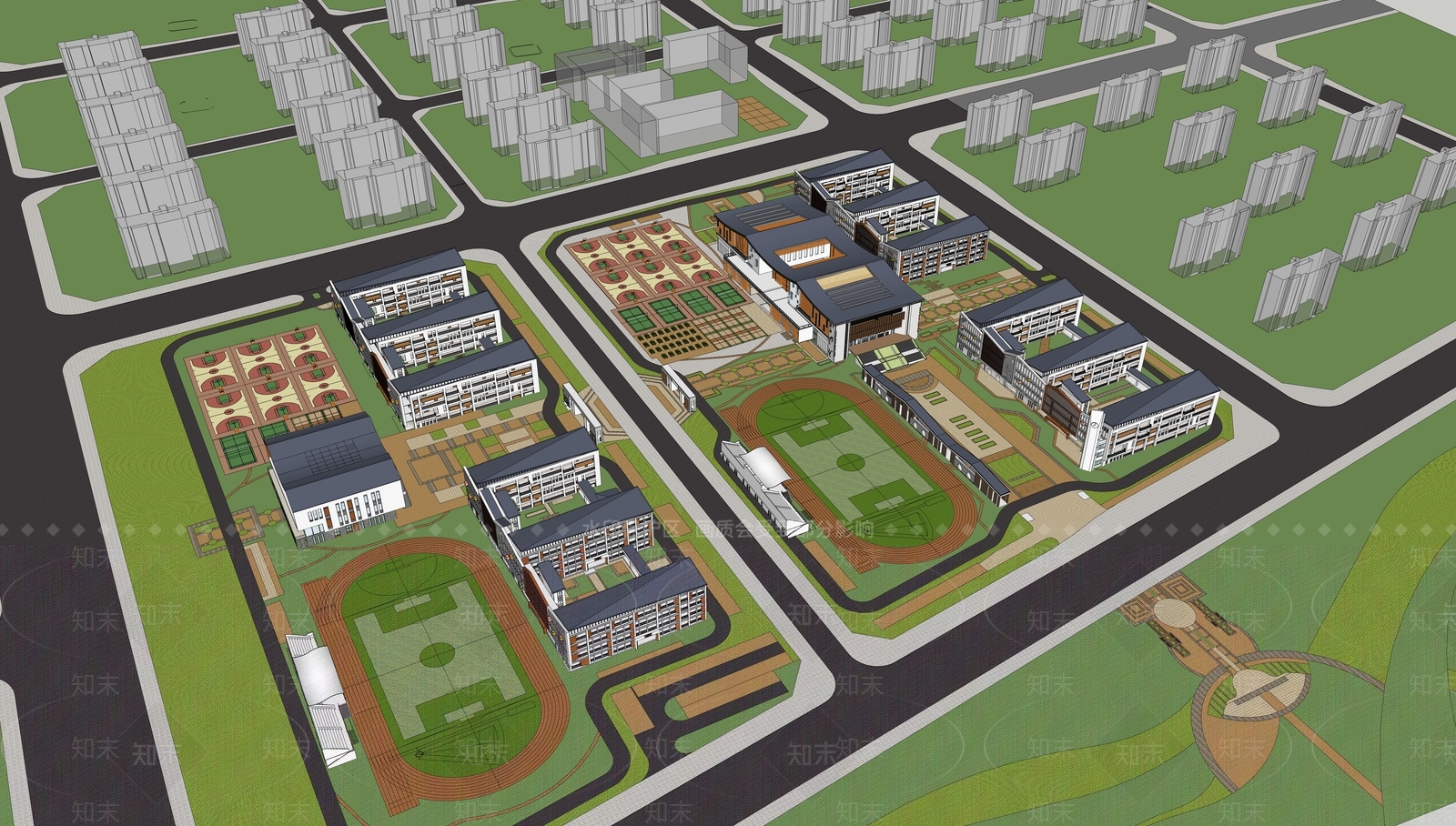 新中式学校建筑SU模型下载【ID:1177876480】