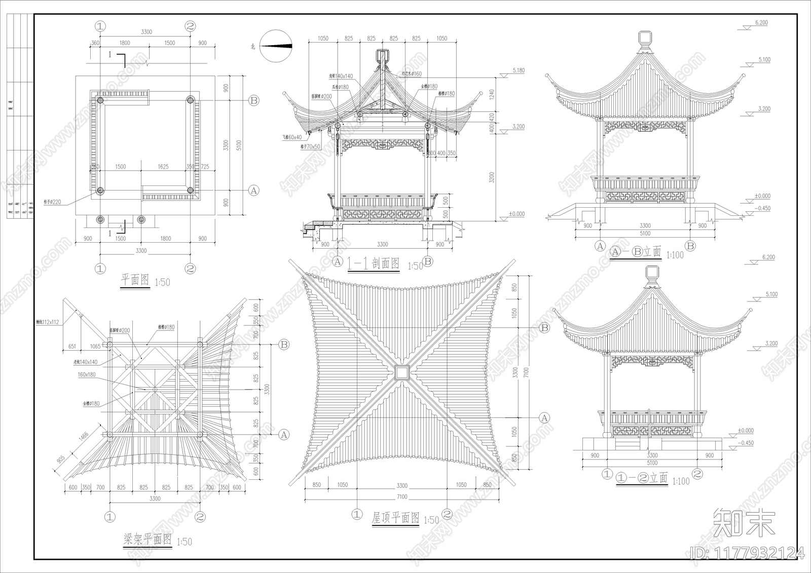 新中式中式亭子施工图下载【ID:1177932124】