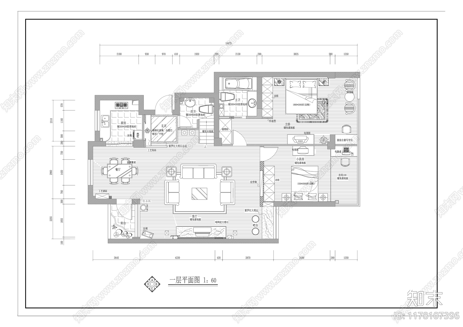 平层cad施工图下载【ID:1178107396】