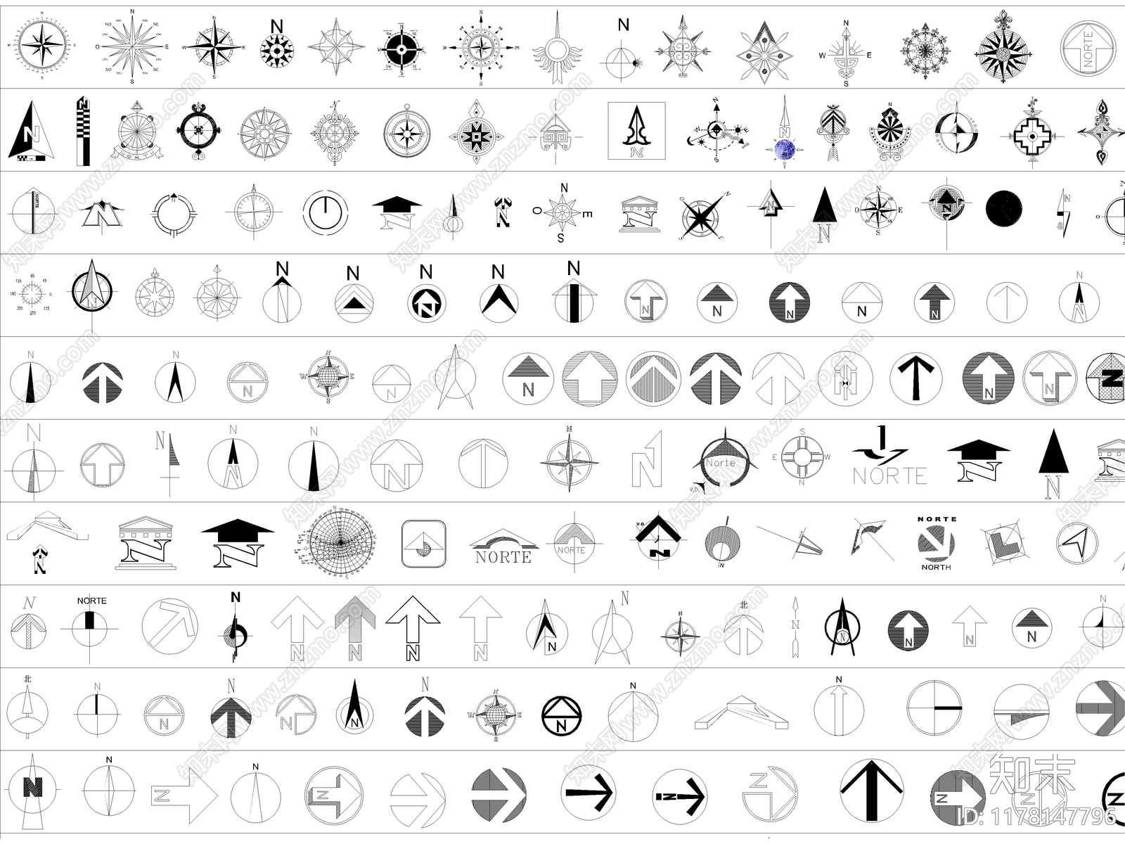 2024年最新超全指北针指南针CAD平面图块图库施工图下载【ID:1178147796】