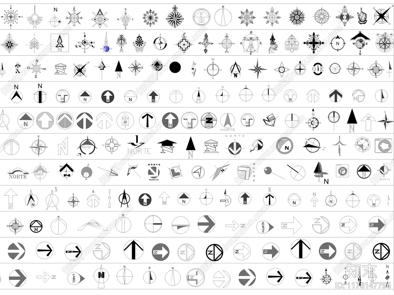 2024年最新超全指北针指南针CAD平面图块图库施工图下载【ID:1178147796】