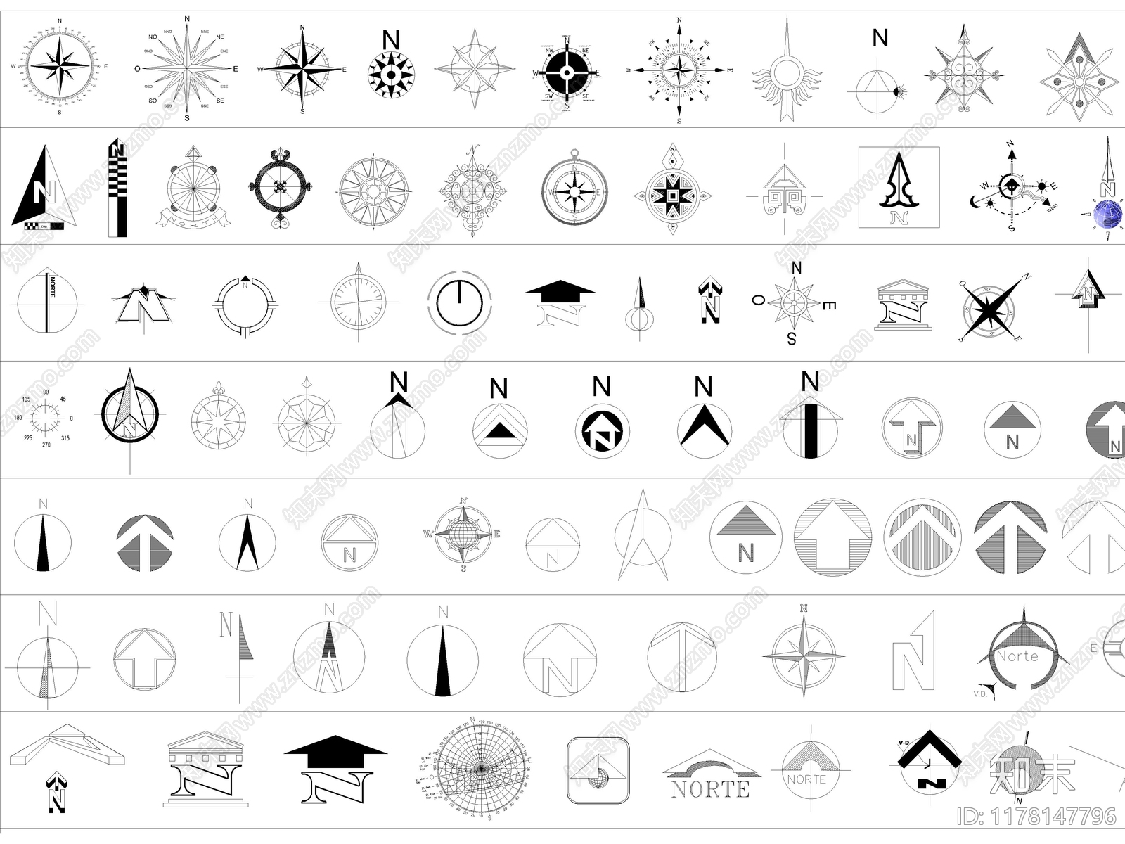 2024年最新超全指北针指南针CAD平面图块图库施工图下载【ID:1178147796】