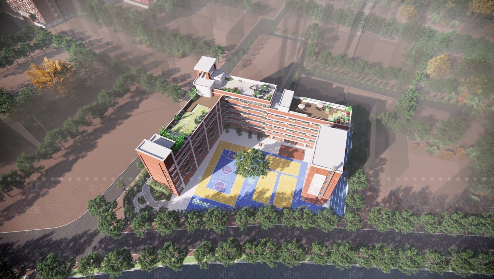 现代复古学校建筑SU模型下载【ID:1178400884】