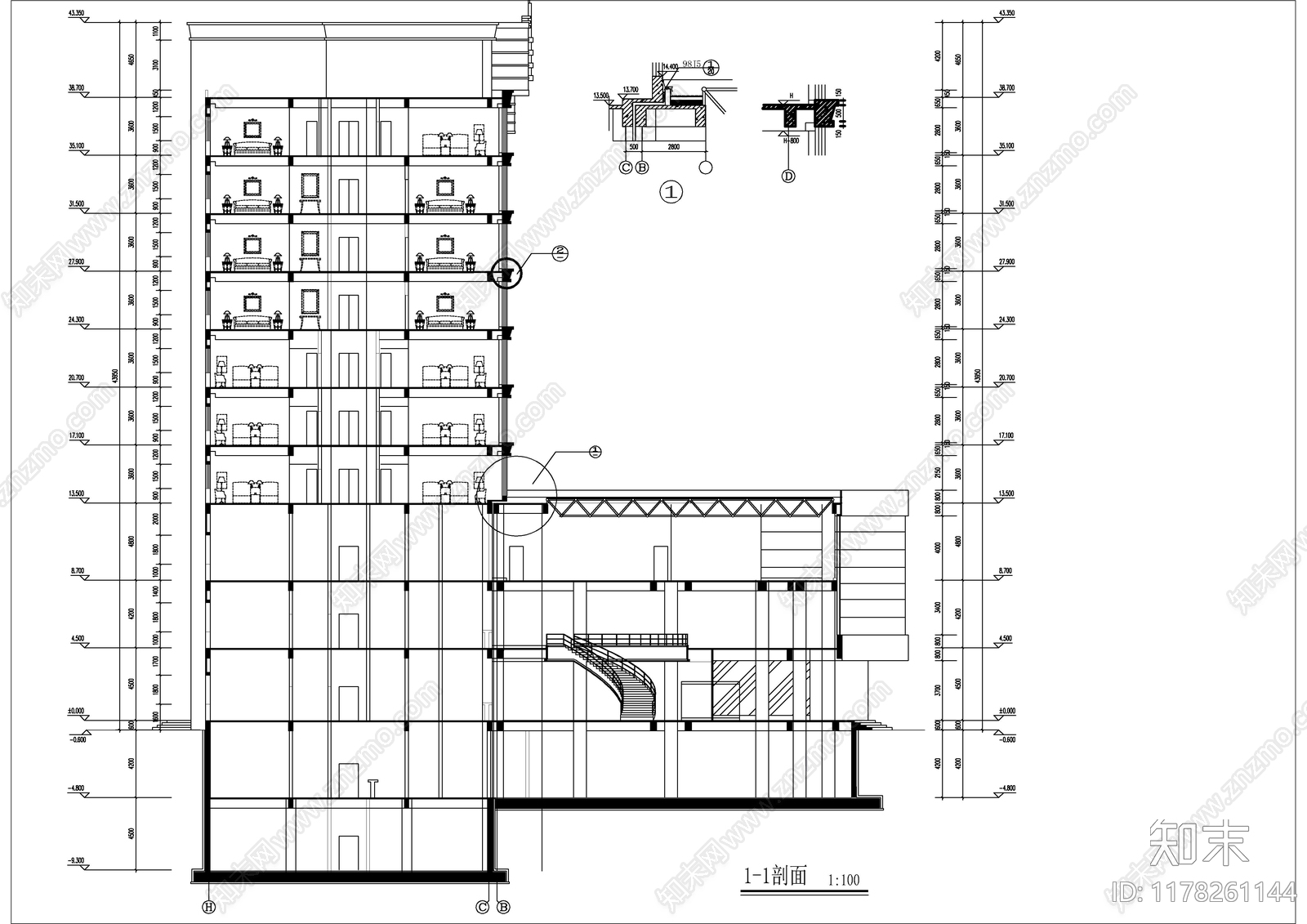 现代酒店建筑cad施工图下载【ID:1178261144】