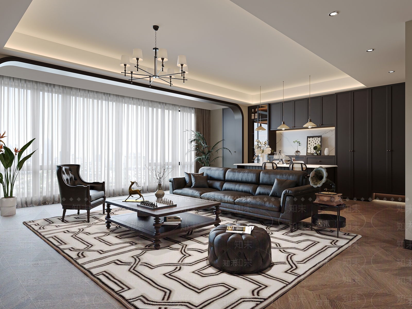 现代美式客餐厅3D模型下载【ID:1178262768】