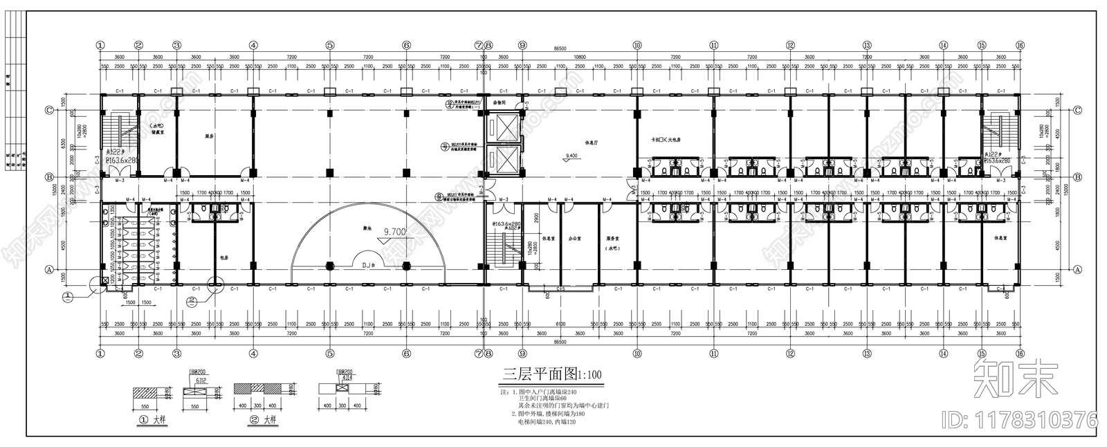 现代酒店建筑cad施工图下载【ID:1178310376】