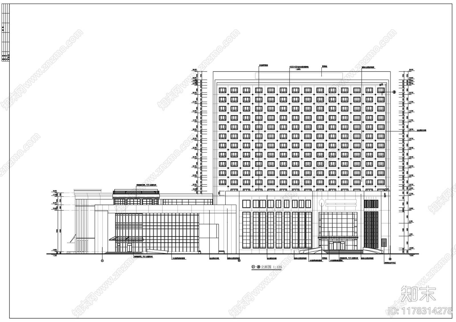 现代酒店建筑cad施工图下载【ID:1178314278】