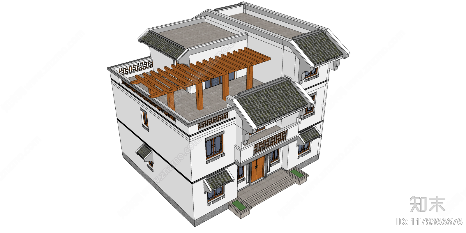 新中式中式别墅SU模型下载【ID:1178366676】