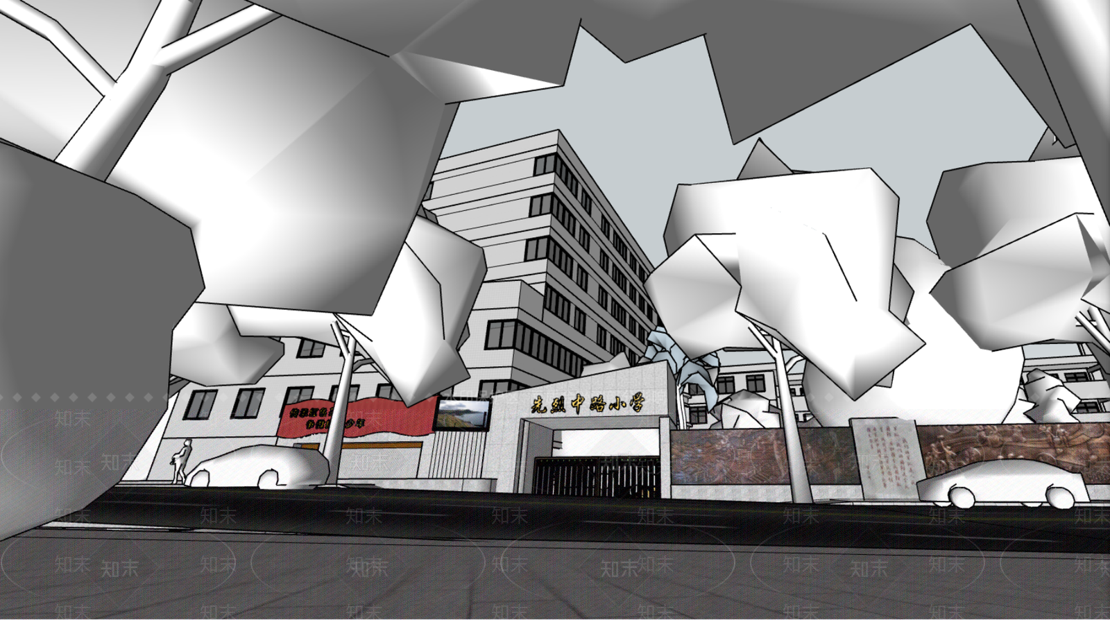 现代复古学校建筑SU模型下载【ID:1178400731】