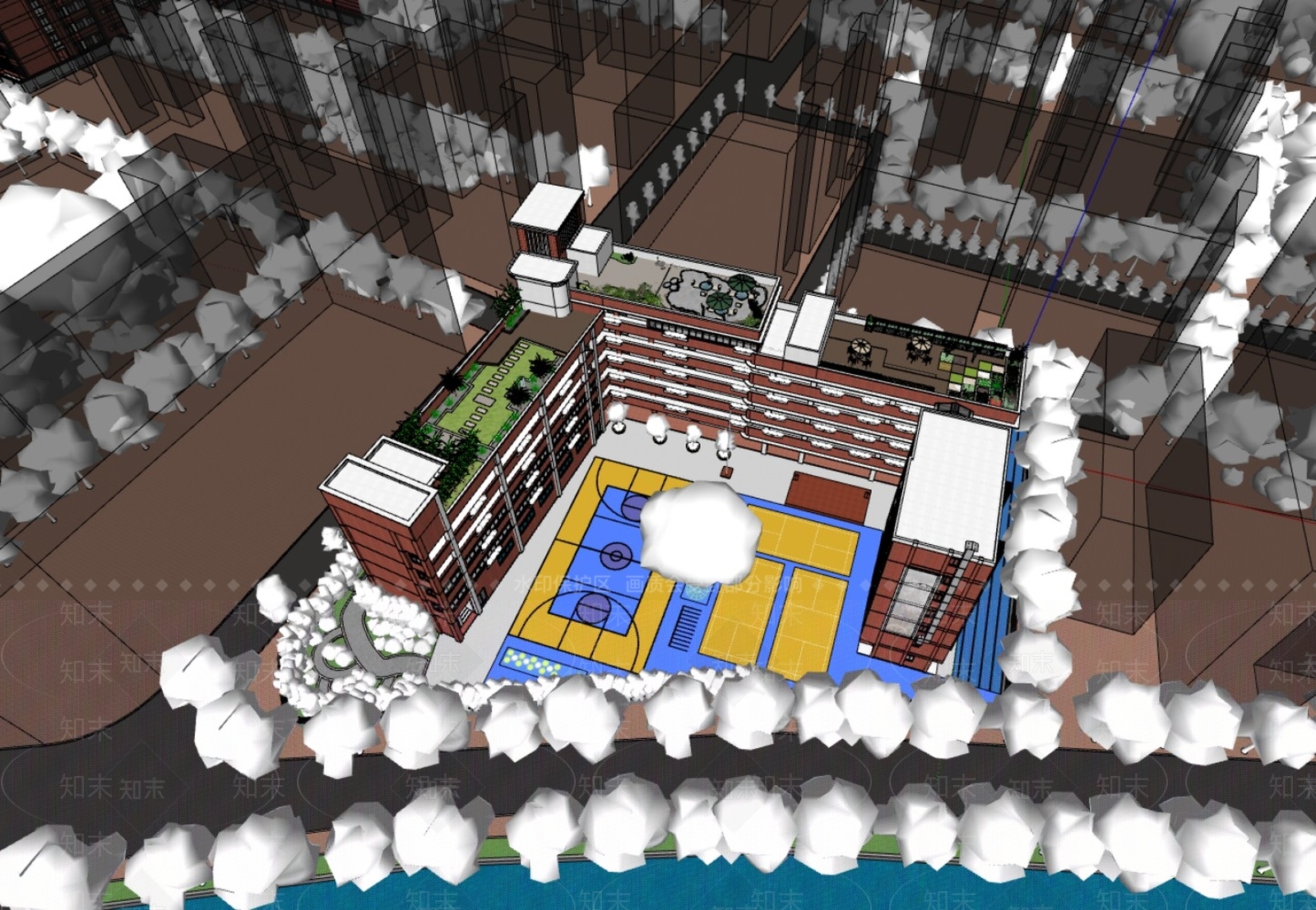 现代复古学校建筑SU模型下载【ID:1178400884】