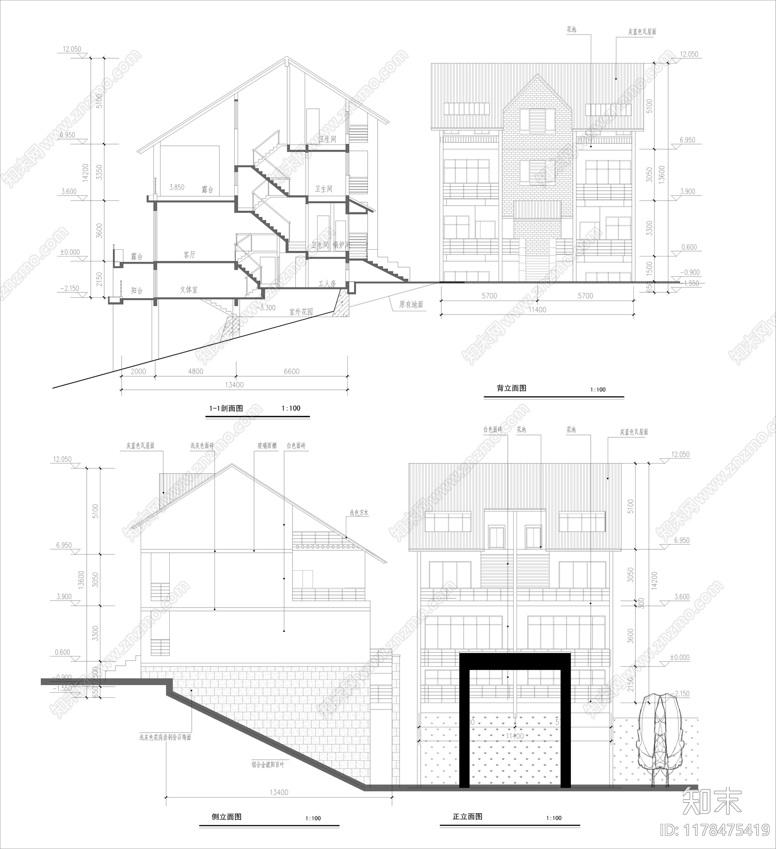 现代别墅建筑cad施工图下载【ID:1178475419】