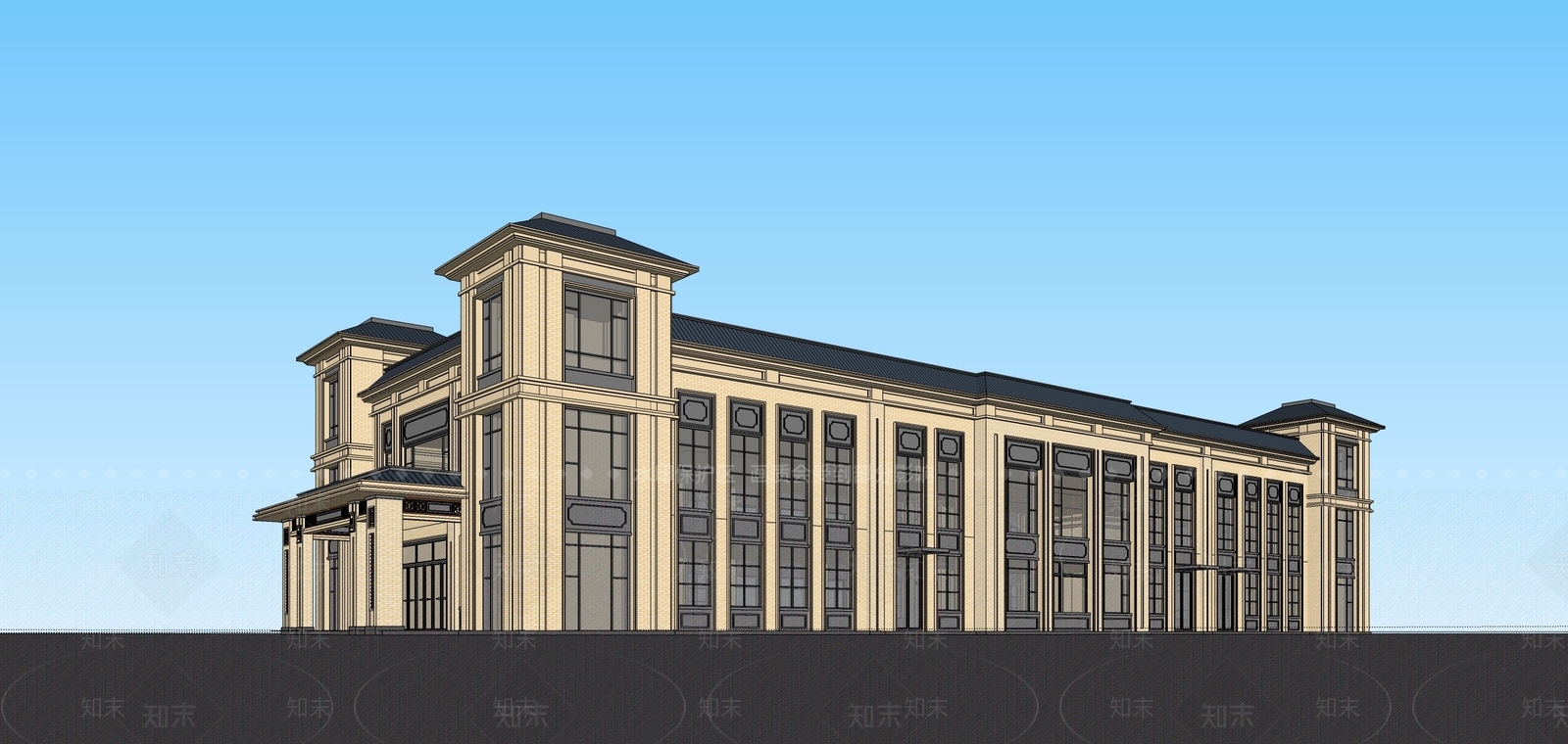 新中式中式学校建筑SU模型下载【ID:1178563958】