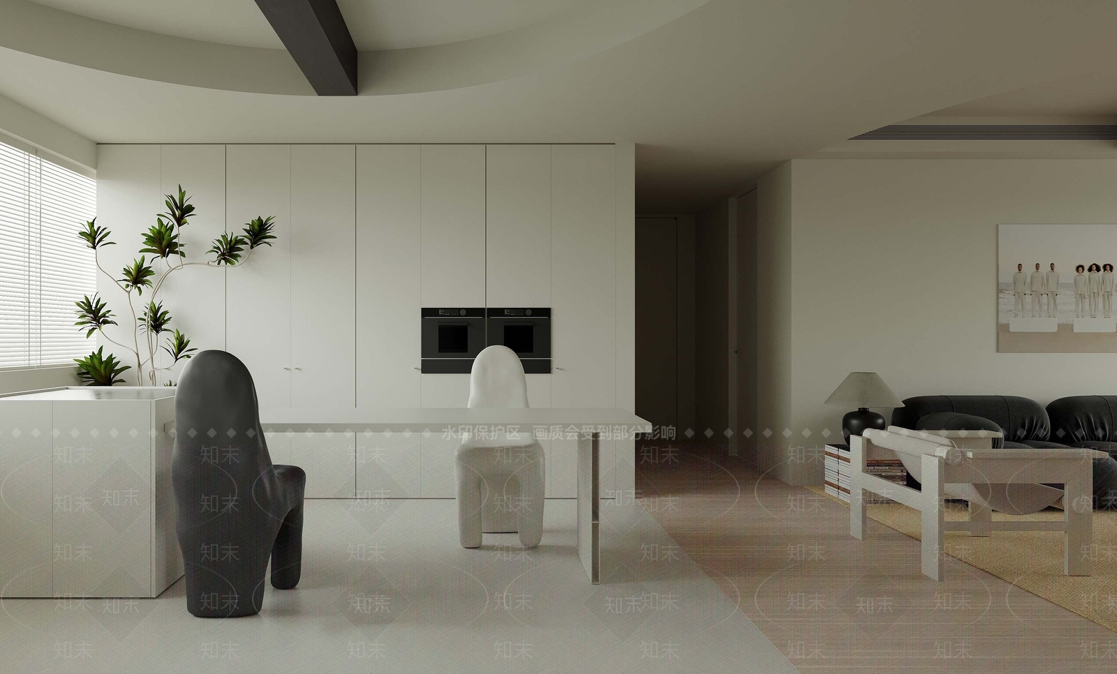 白色嵌入式餐边柜封闭式厨房3D模型下载【ID:1227484391】
