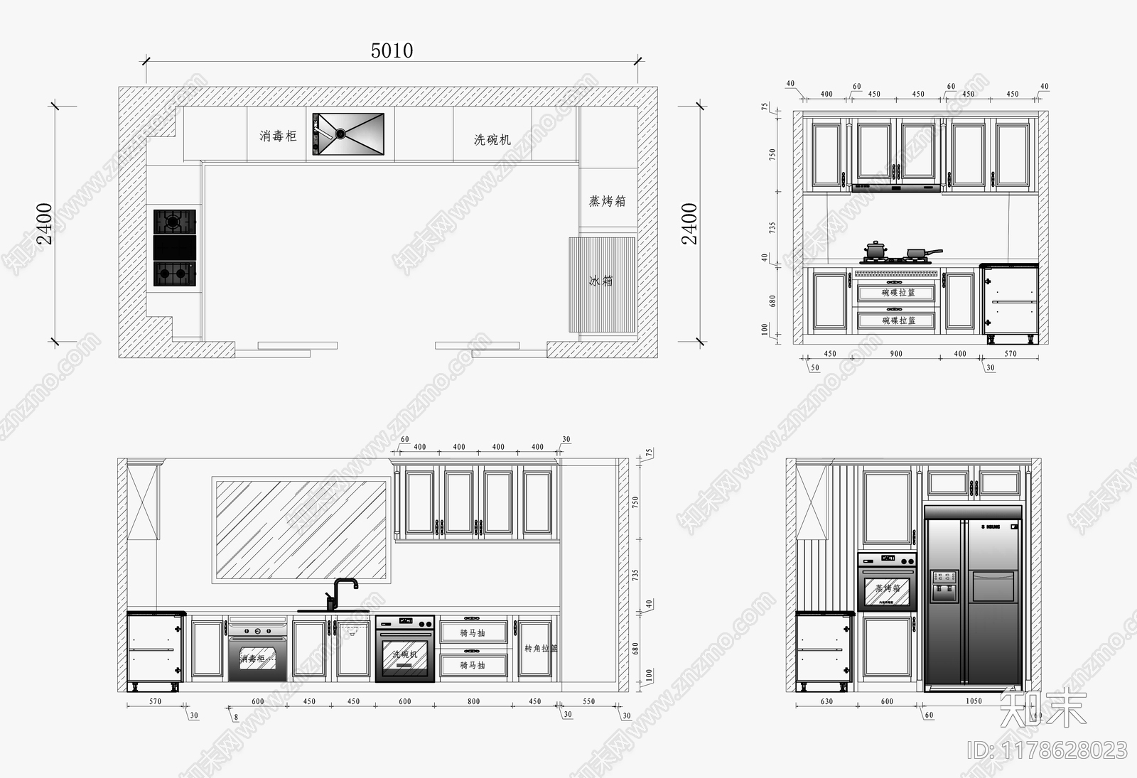 新中式美式厨房施工图下载【ID:1178628023】