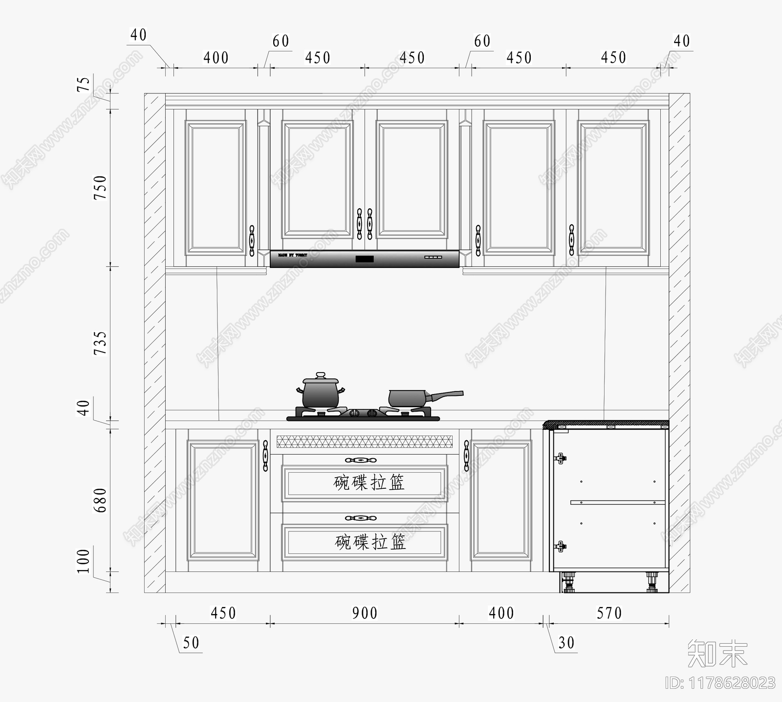 新中式美式厨房施工图下载【ID:1178628023】