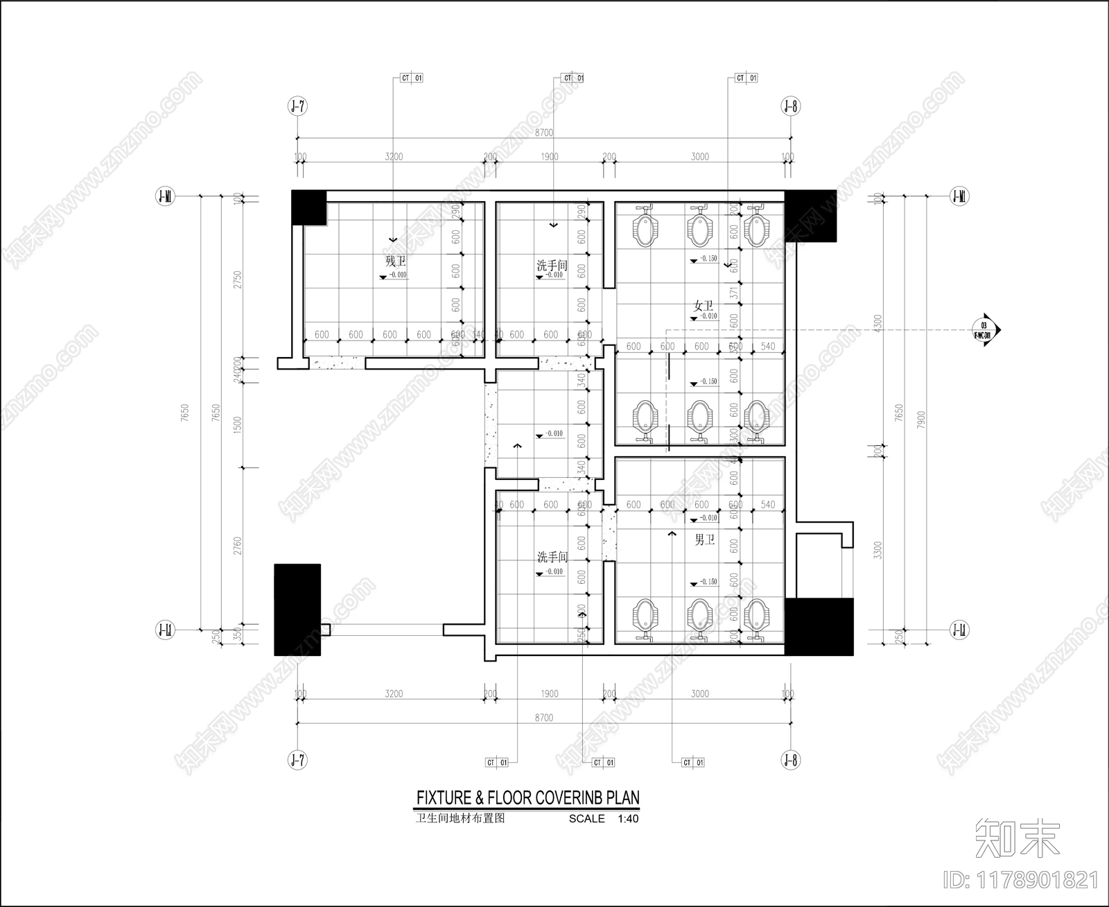 现代新中式公共卫生间施工图下载【ID:1178901821】