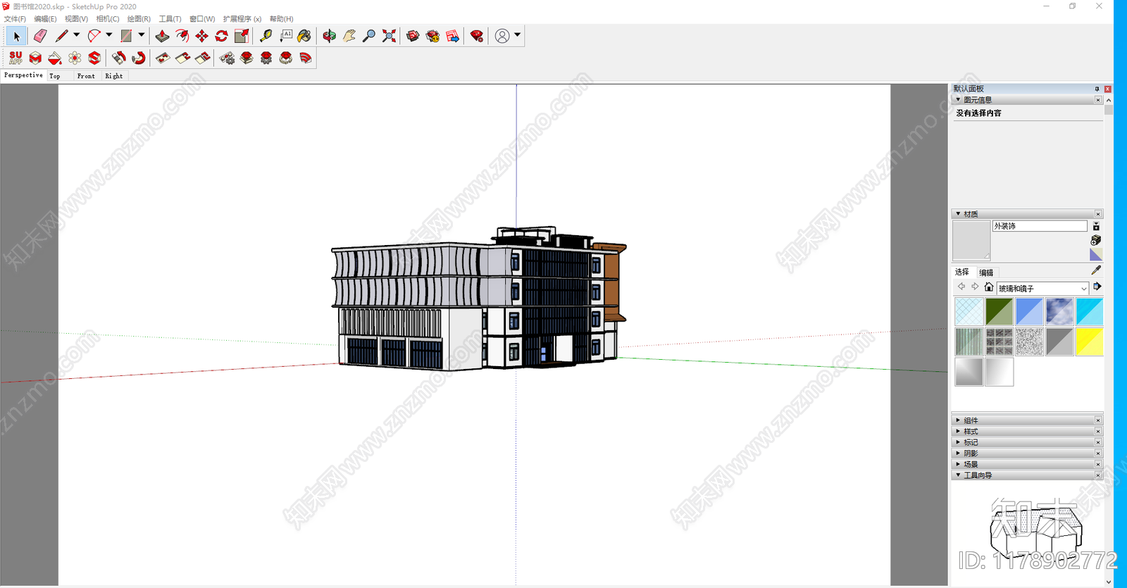 现代新中式图书馆建筑SU模型下载【ID:1178902772】