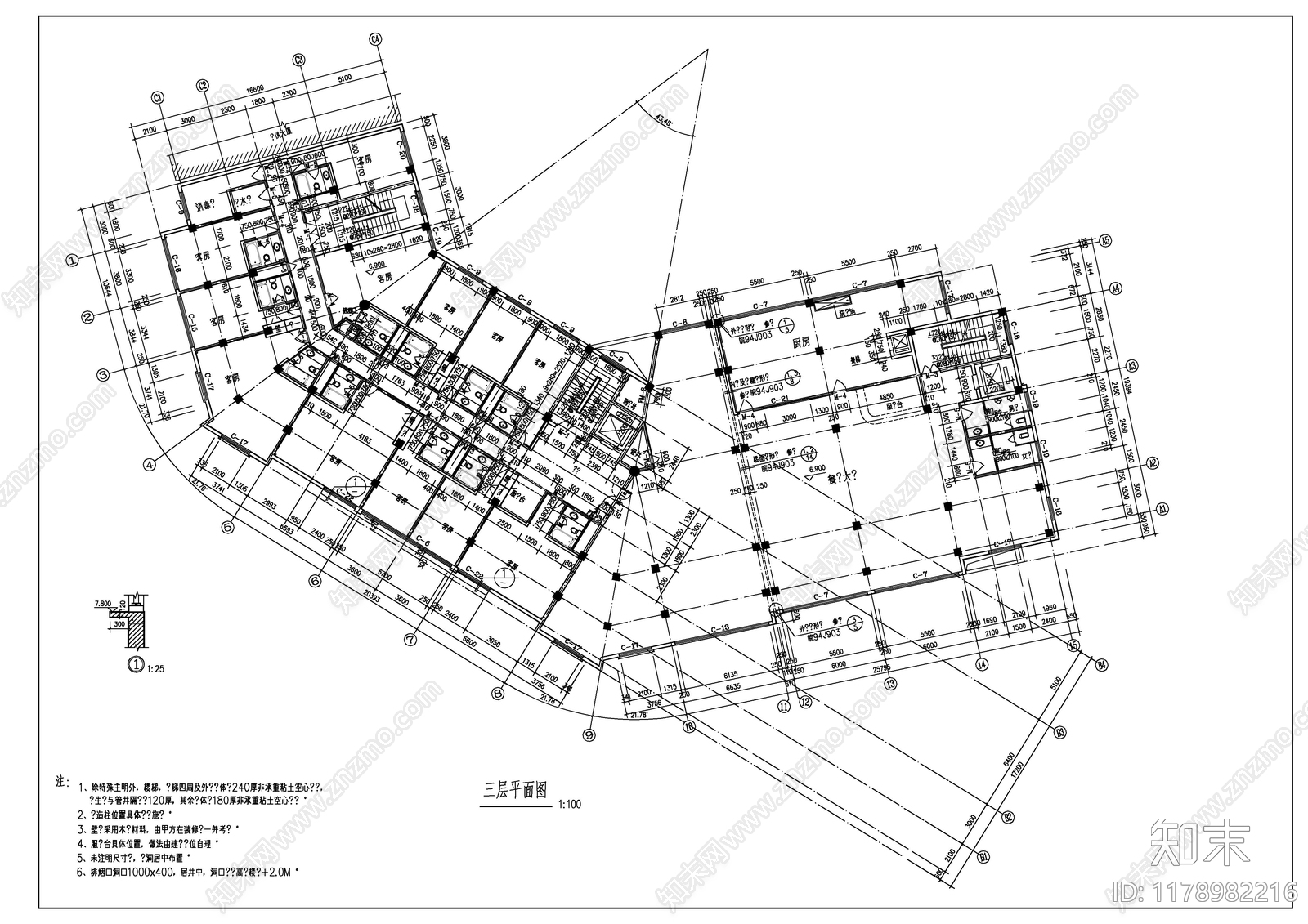 现代酒店建筑cad施工图下载【ID:1178982216】