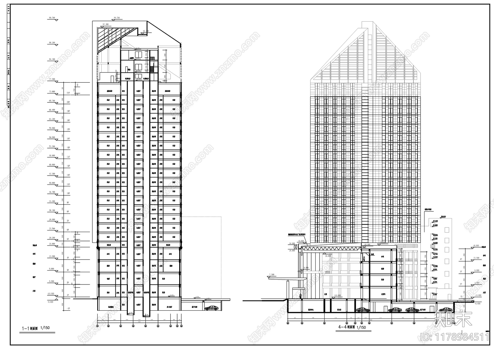 现代酒店建筑cad施工图下载【ID:1178984511】