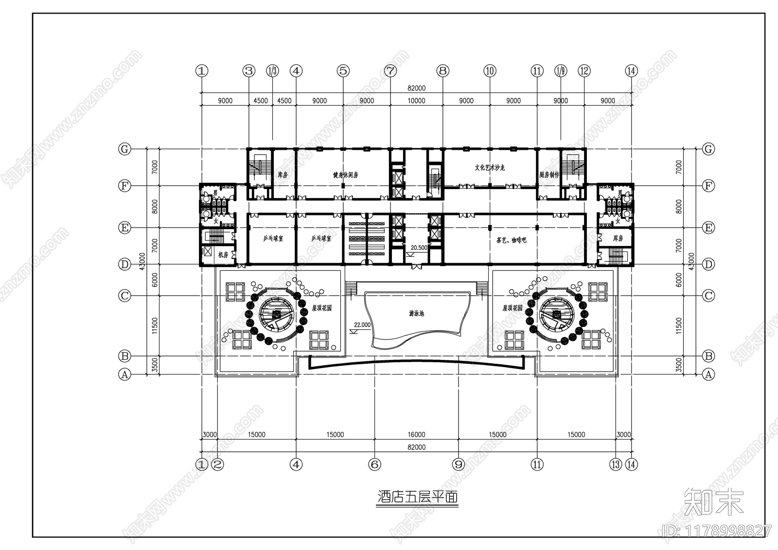 现代酒店建筑cad施工图下载【ID:1178998827】